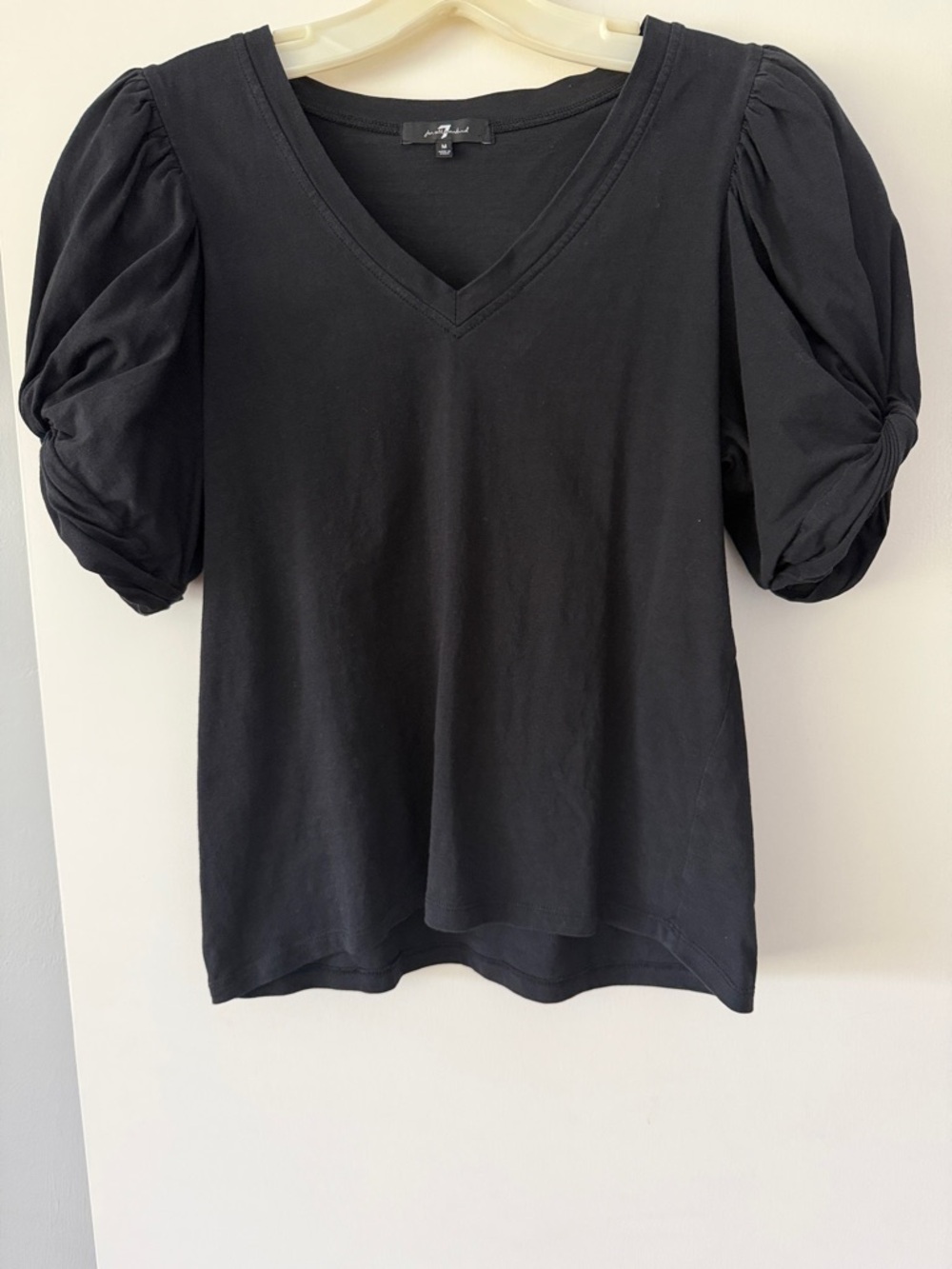 7 For All Mankind Black V-Neck Puff-Sleeve Tee